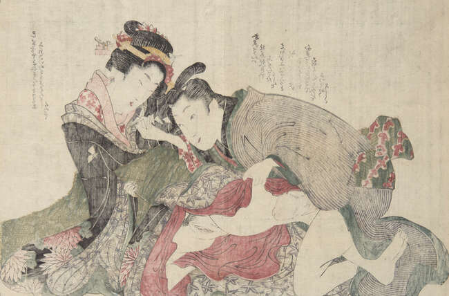 
	
		Hokusai School, Japanese c.1820s, seven shunga prints depicting various amorous couples,...
