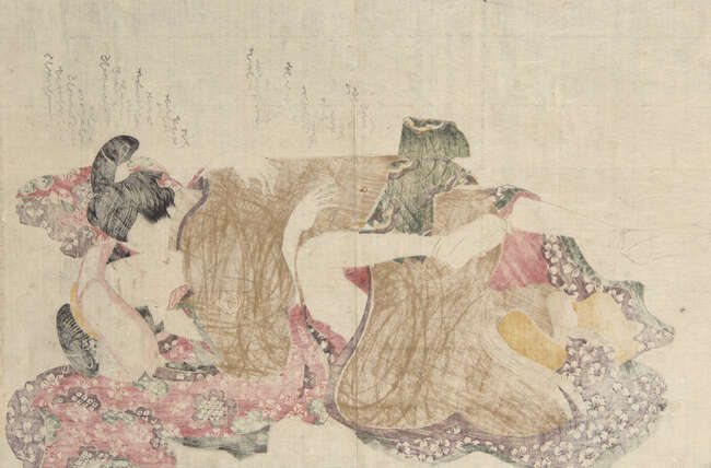 
	
		Hokusai School, Japanese c.1820s, seven shunga prints depicting various amorous couples,...