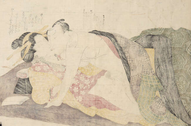 
	
		Hokusai School, Japanese c.1820s, seven shunga prints depicting various amorous couples,...