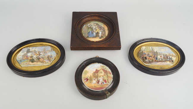 
	
		A pair of shaped Pratt ware printed pottery pot lids, 19th century, decorated with...