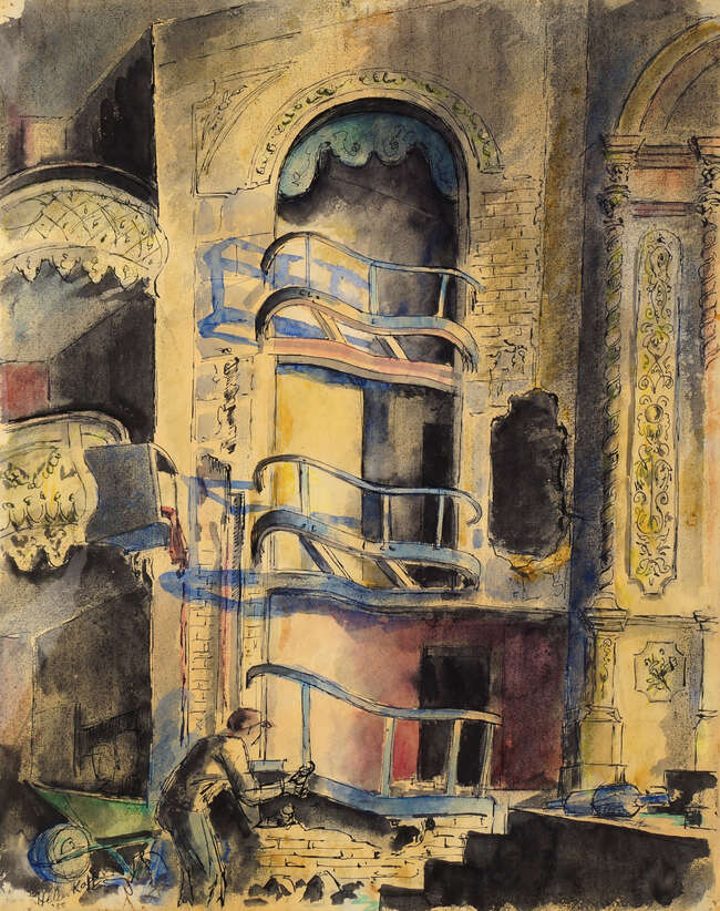 
	
		Helen Kapp, British 1901-1978- Demolishing the set at The Old Vic; pen, ink and...