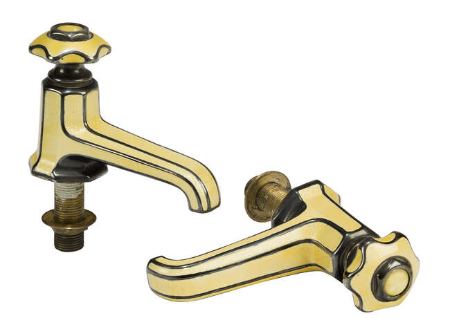 
	
		Art Deco, a pair of American attributed enamelled bath taps
		c.1930, each stamped...