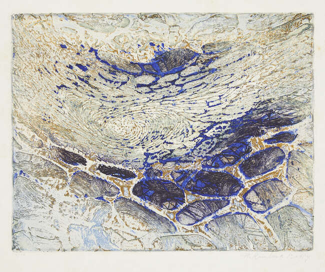 
	
		Krishna Reddy, 
		Indian 1925-2018- 
		 
		Whirlpool, 1963; 
		 
		etching in colours...