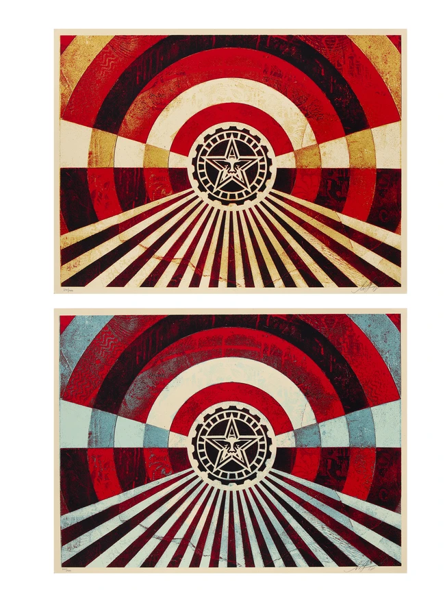 Shepard Fairey, American, b.1970- Tunnel vision; two lithographs in colour, both from the...