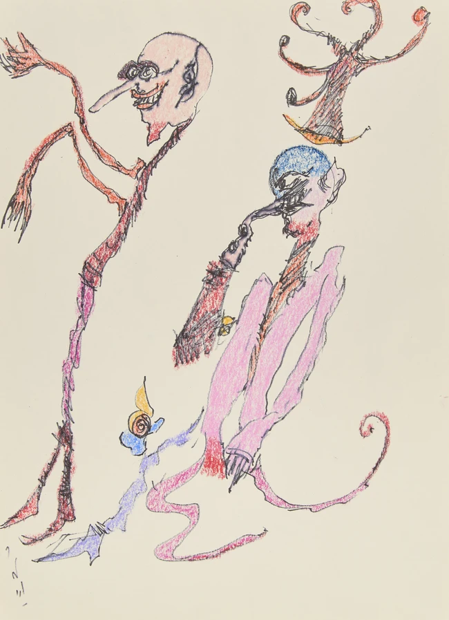 Ardeshir Mohasses (Iranian 1938-2008), 
Untitled, Two thin men;
Ink and crayon on paper,
Signed...
