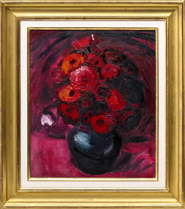 Theodore Major, British 1908-1999 - Red flowers; oil on board, 65.5 x 56 cm (ARR) 