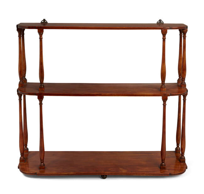 
	
		A set of George III small satinwood three-tier hanging shelves, baluster spindles holding...