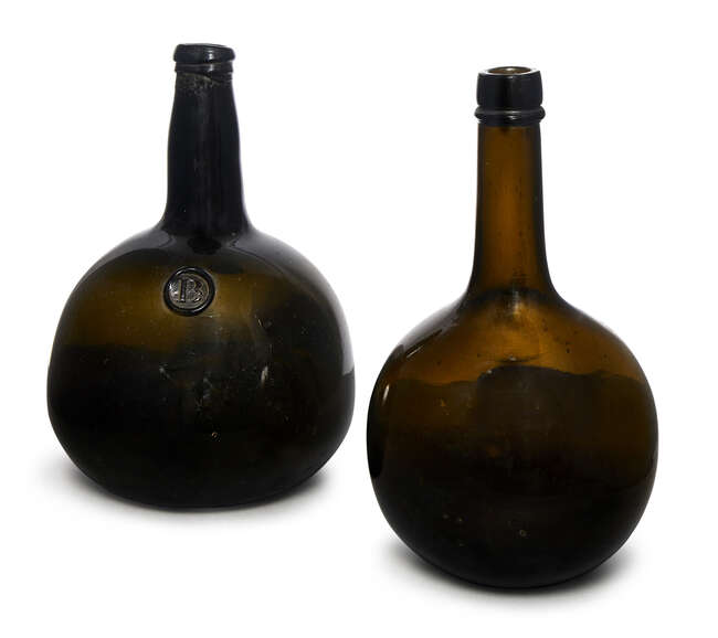 
	
		A Dutch sealed bottle, 18th century, of mallet form, with applied circular B seal to the...