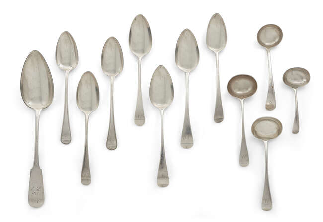 
	
		A quantity of silver spoons comprising: a large German silver spoon with 12 loth mark and...