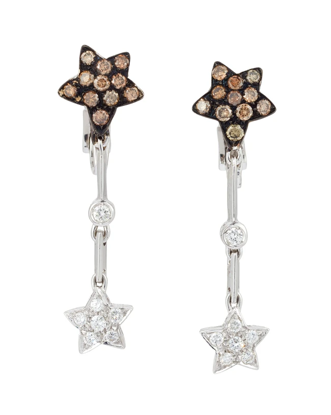 A pair of Italian diamond set earrings, designed as a pavé diamond set star panel suspended...