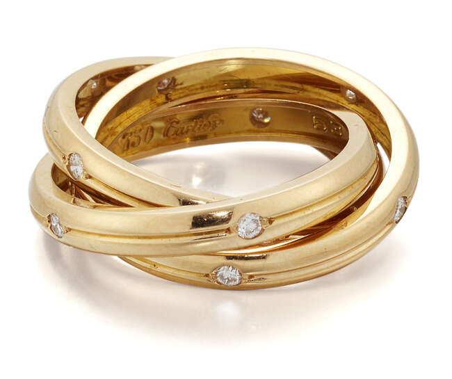 
	
		Cartier, an 18ct gold, diamond &#39;trinity&#39; ring, by Cartier,  each grooved band set at...