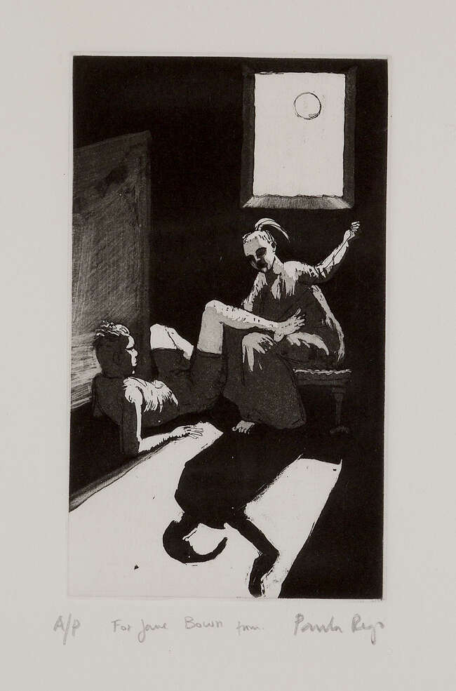 
	
		Paula Rego, 
		British 1935-2022- 
		 
		Sewing on the Shadow I, 1992;
		 
		etching...