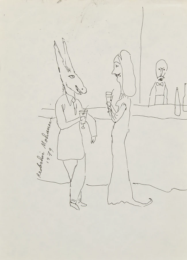 Ardeshir Mohasses (Iranian 1938-2008),
 Untitled, Donkey head man and woman at the bar;
Ink on...