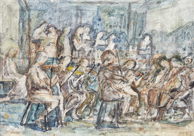 
	
		Helen Mary Therese Grunwald ARCA, 
		British/Austrian 1925-1988- 
		 
		The Orchestra;...