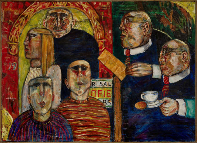 
	
		Andy J Holyer, 
		British 1959-2021- 
		The Repo Men, 1993; 
		oil on canvas, signed and...