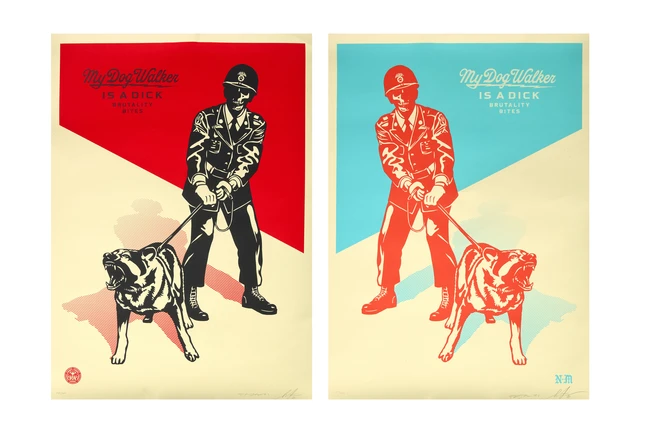 Shepard Fairey, American, b.1970 and Franciso II Reyes- My dog walker is a dick, 2021; two...