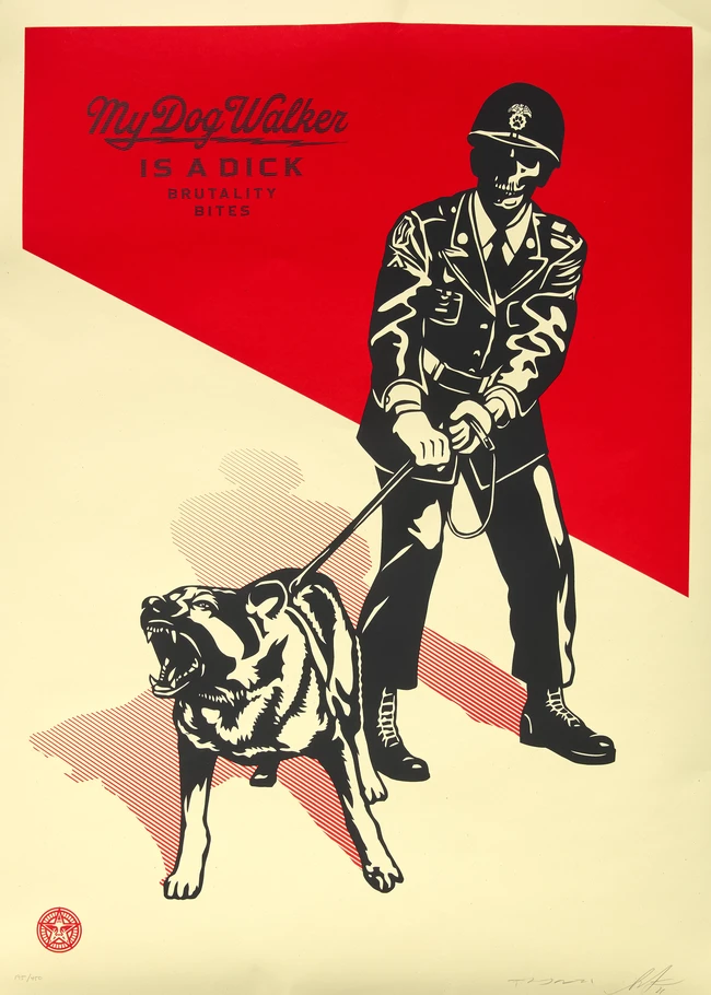 Shepard Fairey, American, b.1970 and Franciso II Reyes- My dog walker is a dick, 2021; two...