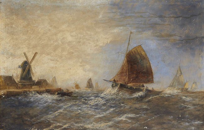 
	
		Follower of Abraham Hulk Snr, 
		Dutch 1813-1897- 
		 
		Coastal seascapes in stormy...