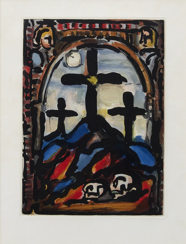 Georges Rouault, French 1871-1958, Les Trois Croix; colour aquatint on wove, from the...