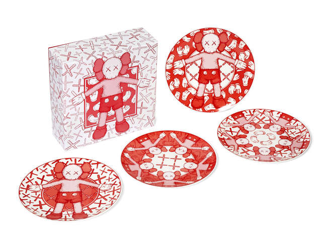 
	
		KAWS,
		American b.1974-
		 
		Plate Set, 2019;
		 
		set of four ceramic plates in...