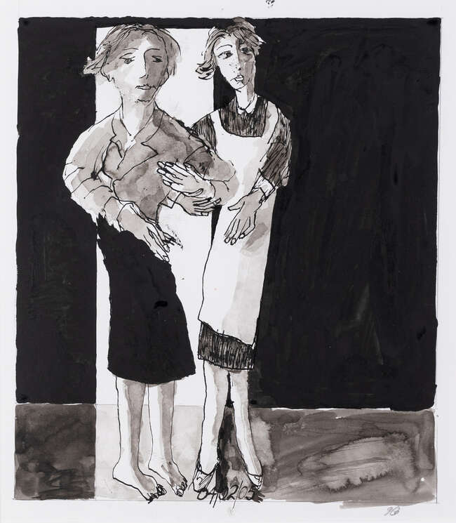 
	
		John Barnicoat, 
		British 1924-2013 - 
		 
		Two Women, 2001; 
		 
		ink and pencil...