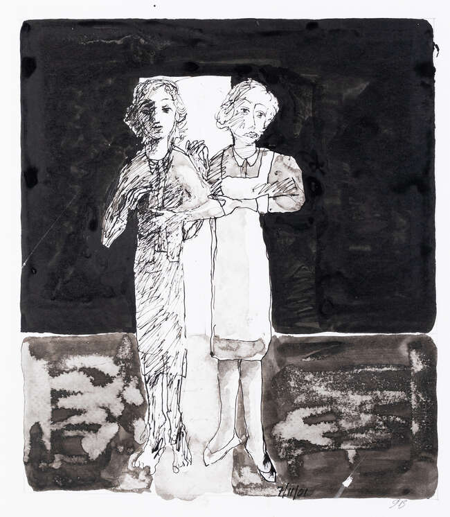 
	
		John Barnicoat, 
		British 1924-2013 - 
		 
		Two Women, 2001; 
		 
		ink and pencil...