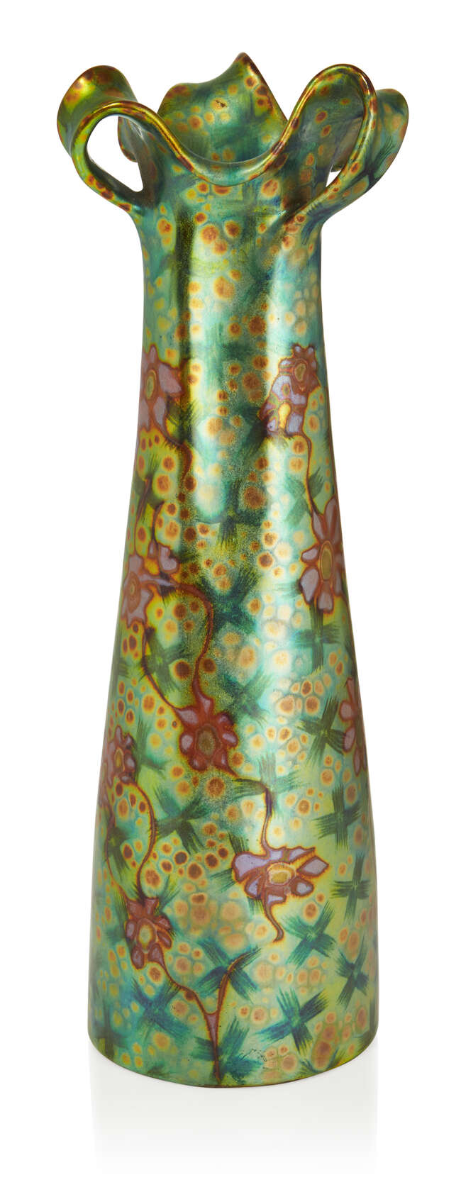 
	
		 Zsolnay (Hungarian), an Art Nouveau Eosin glazed three handled vase, the form designed...