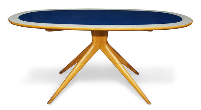 RTO Manner of Ico ParisiDining table and six dining chairs, circa 1950Beech, glass, leatherTable...