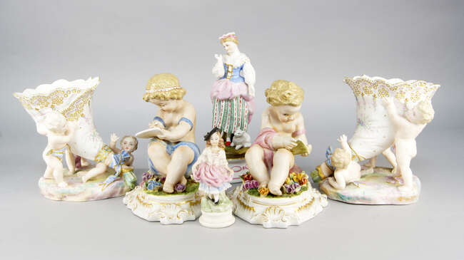 
	
		A pair of French bisque porcelain cornucopia vases, late 19th/early 20th century,...