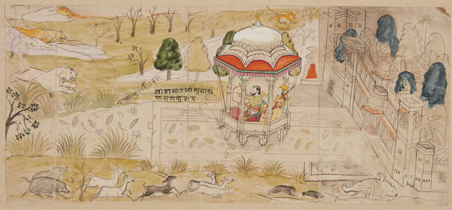 
	
		A Raja hunting lions outside a palace, Kotah, mid-19th century, brush drawing heightened...