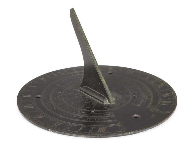
	
		An English bronze 10 inch sundial plate, by J Sisson, 18th century, engraved with 16...