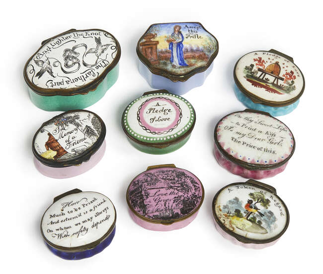 
	
		A group of nine Staffordshire enamel patch boxes, late 18th-20th century, all with...