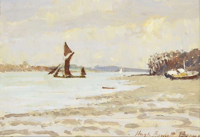 Hugh Boycott Brown, 
British 1909-1990- 
Low Tide, Pin Mill, 1986; 
oil on board, signed lower right...