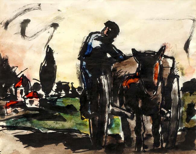 
	
		Josef Herman OBE RA, 
		British 1911-2000-
		 
		Man and Cart, 13 April 1976;
		 
		