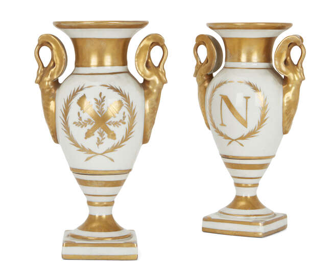 
	
		A pair of Capodimonte Empire style porcelain vases, mid to late 19th century, with twin...