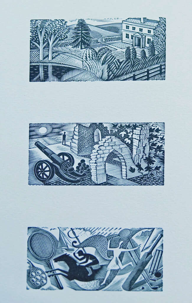 Eric Ravilious, British 1903-1942, Three Vignettes for Thrice Welcome, 1935; each wood engraving on...