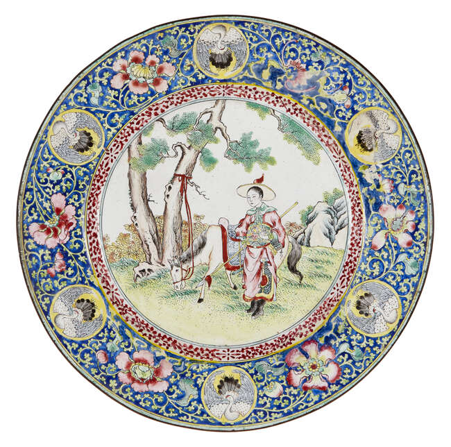 
	
		A Chinese Canton enamel plate, late 19th century, painted to the central reserve with a...