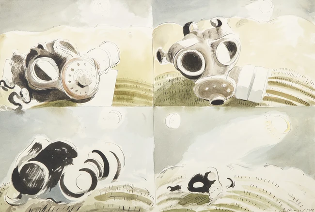 Michael Cullimore, British 1936-2021 - Gas mask in a Landscape (Silbury Hill), 1986; watercolour...