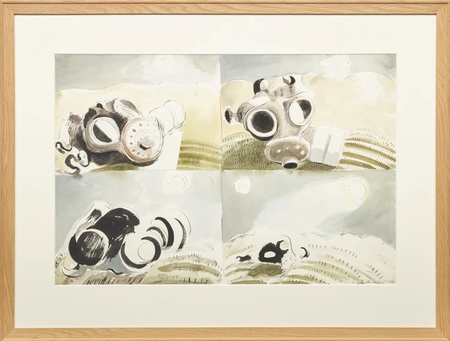 Michael Cullimore, British 1936-2021 - Gas mask in a Landscape (Silbury Hill), 1986; watercolour...