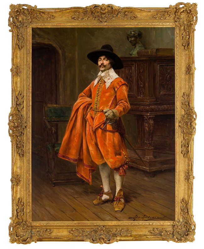 
	
		Alex de Andreis, 
		British 1871-1939- 
		 
		Portrait of a cavalier standing...