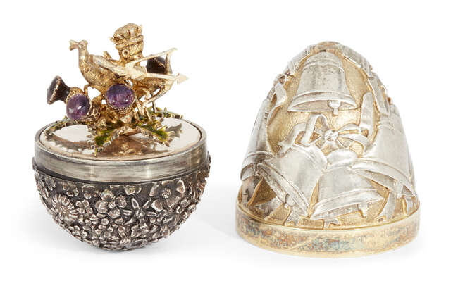 
	
		 A limited edition silver gilt surprise egg by Stuart Devlin, London, c.1986, opening to...