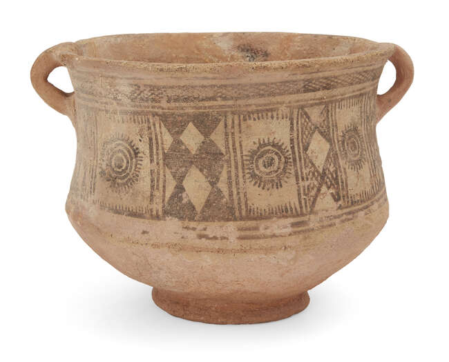 
	
		A buffware pottery vessel with hatched decoration, Persia, 3rd millenium BC, on a raised...
