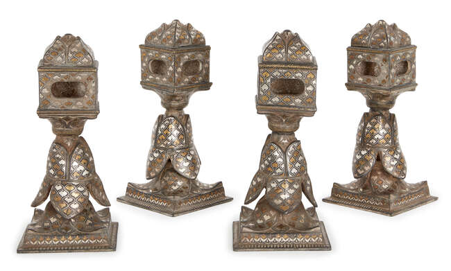 
	
		Four bidri silver and copper-inlaid Charpai legs, Bidar, Deccan, Central India, 18th...