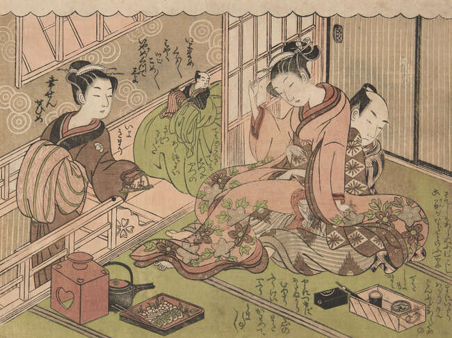 
	
		Isoda Koryusai, Japanese 1735-1790, A couple with onlookers in a Tatami room, c.1770s,...