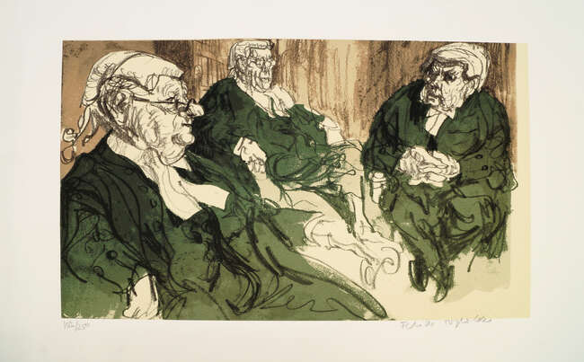 
	
		Feliks Topolski RA, 
		Polish/British 1907-1989- 
		 
		Three Court of Appeal Judges;...