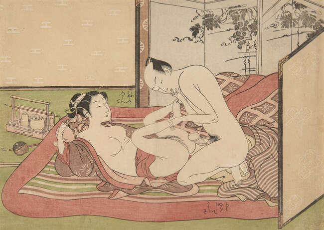 
	
		Isoda Koryusai, Japanese 1735-1790, amorous couple enclosed with a screen, c. 1770s, 