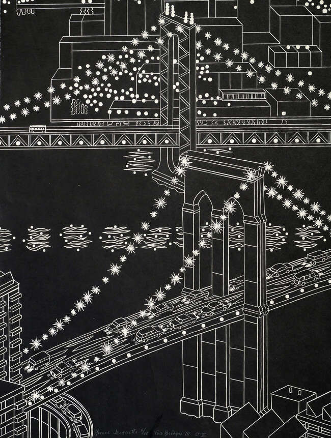 
	
		Yvonne Jacquette,
		American b.1934-
		 
		Two Bridges III (Black); 
		 
		