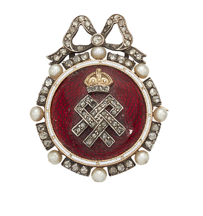 
	
		A royal presentation, diamond and enamel brooch, of Princess Alexandra, the circular red...