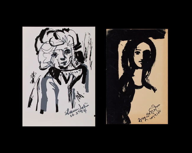 Shanu Lahiri (Indian 1928 - 1913), 
Two studies of heads;
Ink on paper card, both signed and...