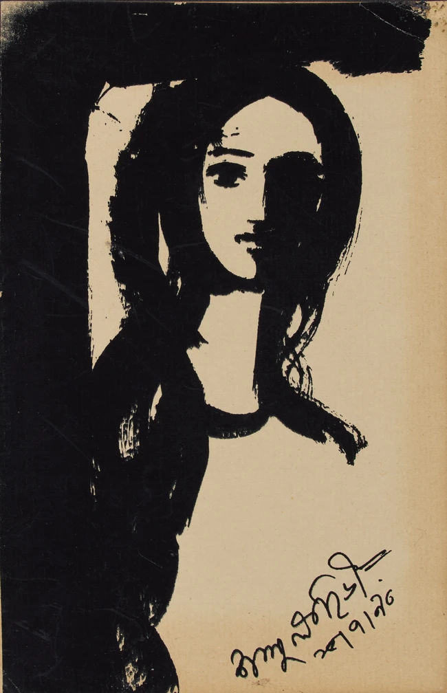 Shanu Lahiri (Indian 1928 - 1913), 
Two studies of heads;
Ink on paper card, both signed and...